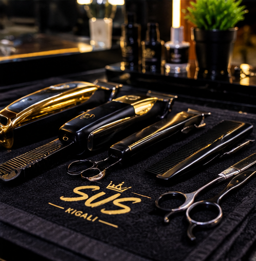 Barbering tools laid out on a counter